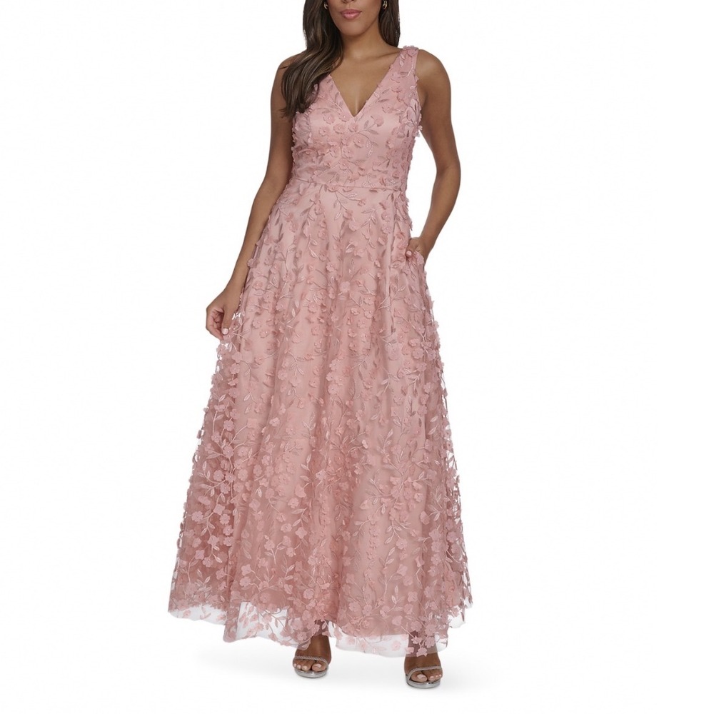Eliza J Blush Floral Appliqué V-Neck Gown Sleeveless Maxi Dress Size 12 NEW